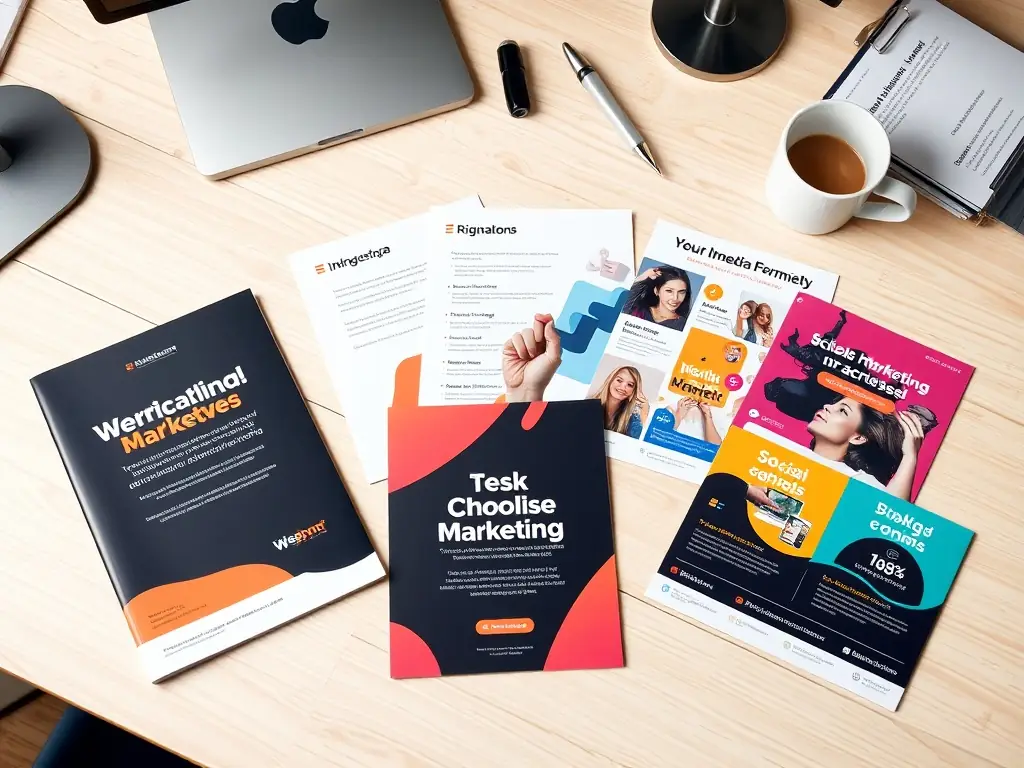 A collection of professionally designed marketing materials, including brochures, flyers, and social media graphics, arranged neatly on a desk.
